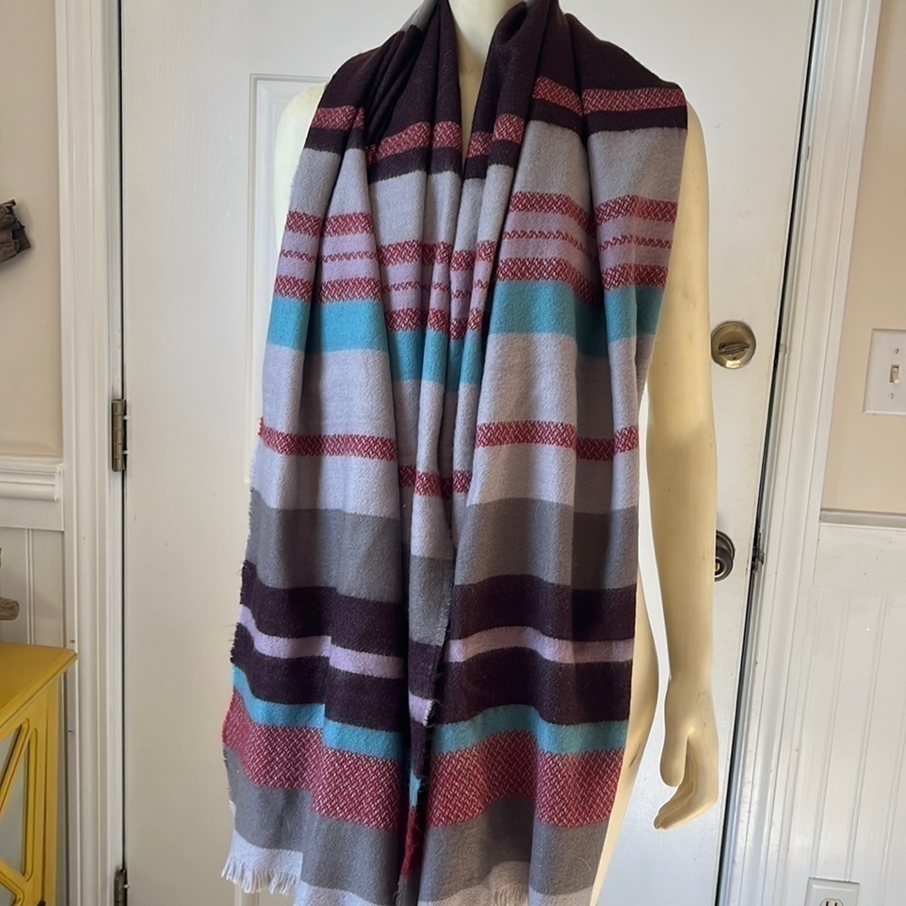 Hinge Nordstrom Blanket Scarf Wrap Shawl Gray Rust Striped Acrylic Fringed Large